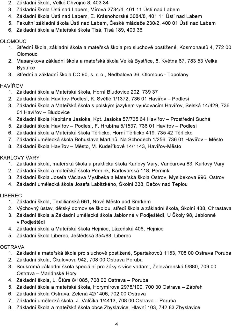 Střední škola, základní škola a mateřská škola pro sluchově postižené, Kosmonautů 4, 772 00 Olomouc 2. Masarykova základní škola a mateřská škola Velká Bystřice, 8. Května 67, 783 53 Velká Bystřice 3.