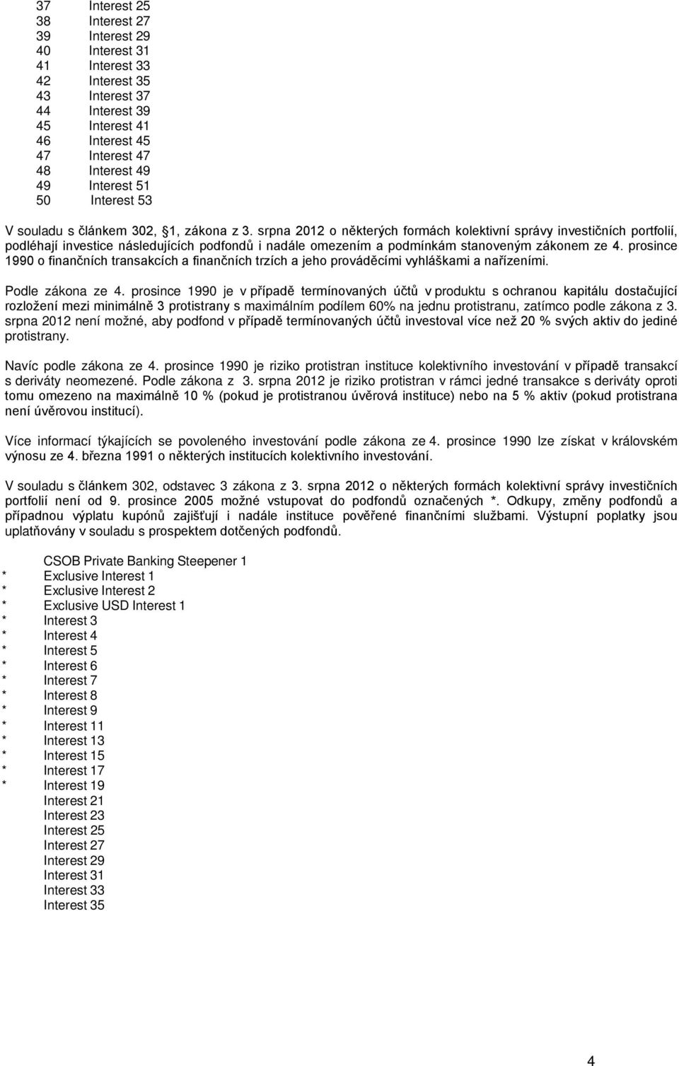 srpna 2012 o některých formách kolektivní správy investičních portfolií, podléhají investice následujících podfondů i nadále omezením a podmínkám stanoveným zákonem ze 4.