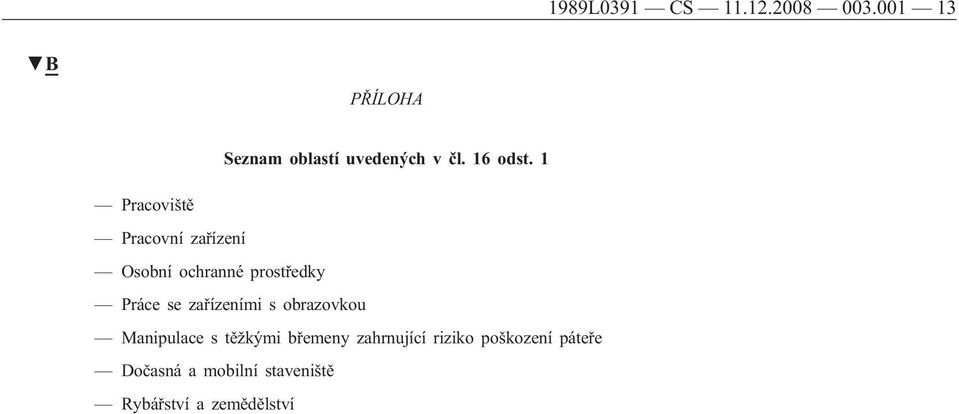 1 Pracoviště Pracovní zařízení Osobní ochranné prostředky Práce se