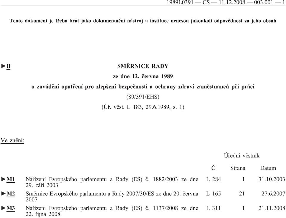 června 1989 o zavádění opatření pro zlepšení bezpečnosti a ochrany zdraví zaměstnanců při práci (89/391/EHS) (Úř. věst. L 183, 29.6.1989, s.