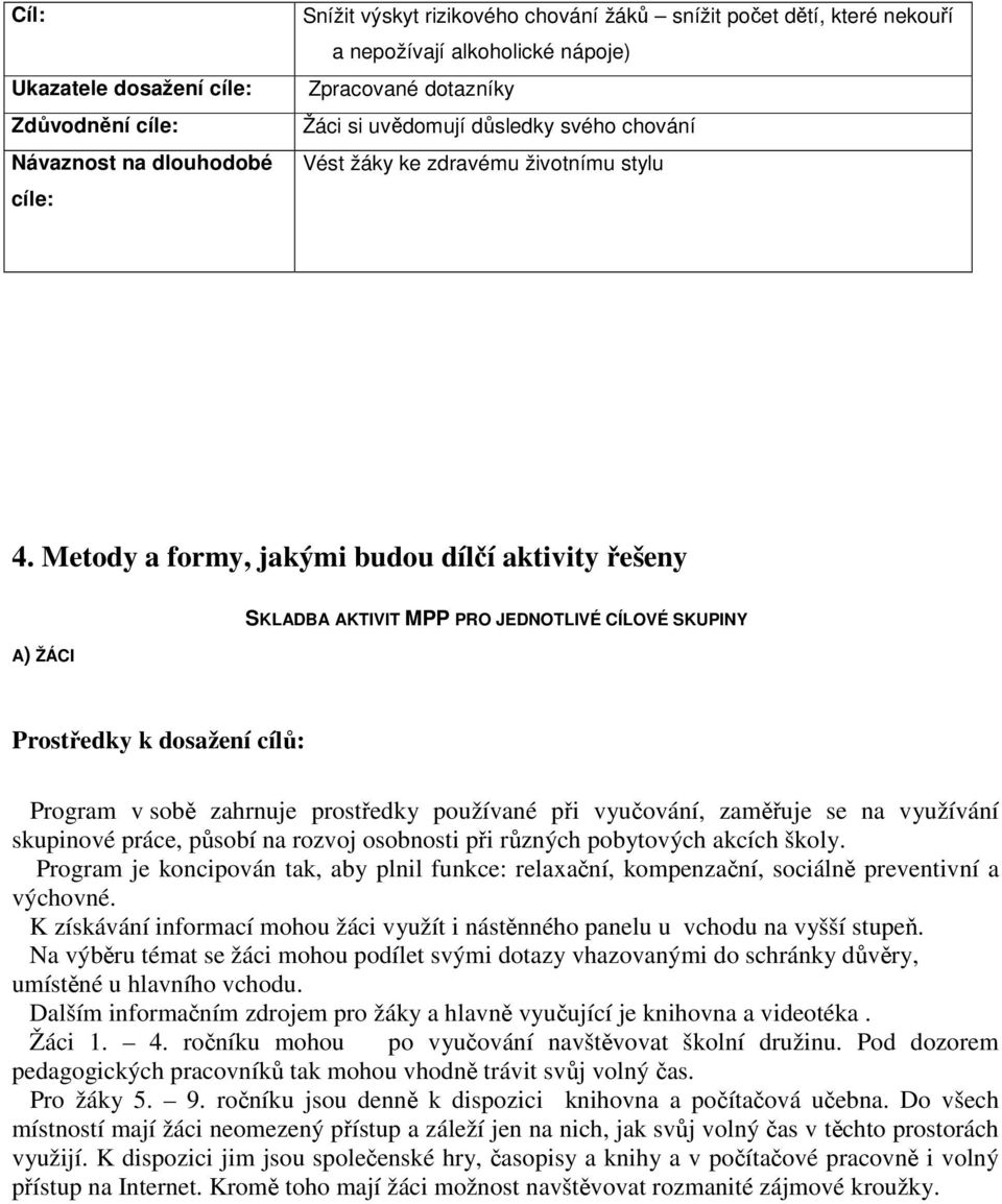 Metody a formy, jakými budou dílčí aktivity řešeny A) ŽÁCI SKLADBA AKTIVIT MPP PRO JEDNOTLIVÉ CÍLOVÉ SKUPINY Prostředky k dosažení cílů: Program v sobě zahrnuje prostředky používané při vyučování,