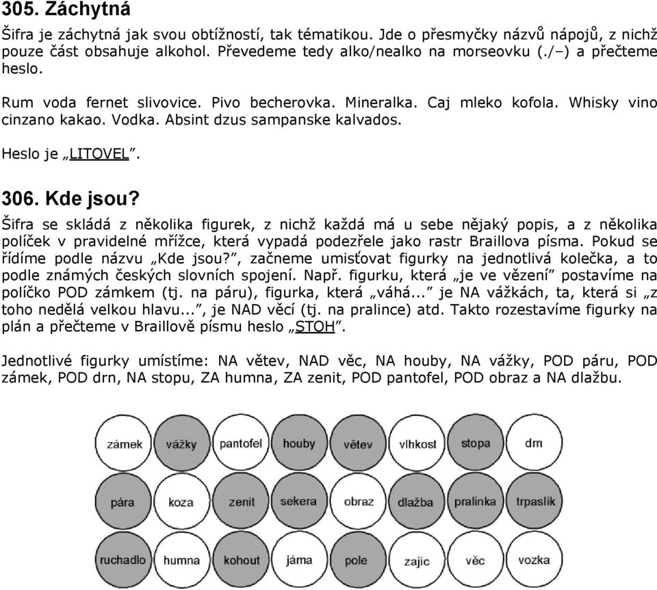 Šifra se skládá z několika figurek, z nichž každá má u sebe nějaký popis, a z několika políček v pravidelné mřížce, která vypadá podezřele jako rastr Braillova písma.