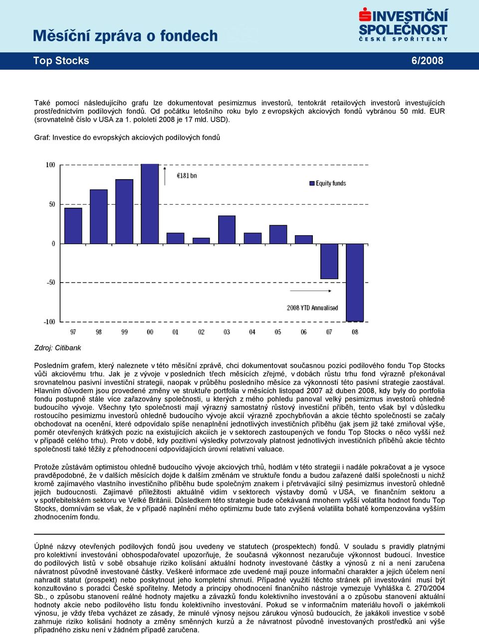 Graf: Investice do evropských akciových podílových fondů Zdroj: Citibank Posledním grafem, který naleznete v této měsíční zprávě, chci dokumentovat současnou pozici podílového fondu Top Stocks vůči