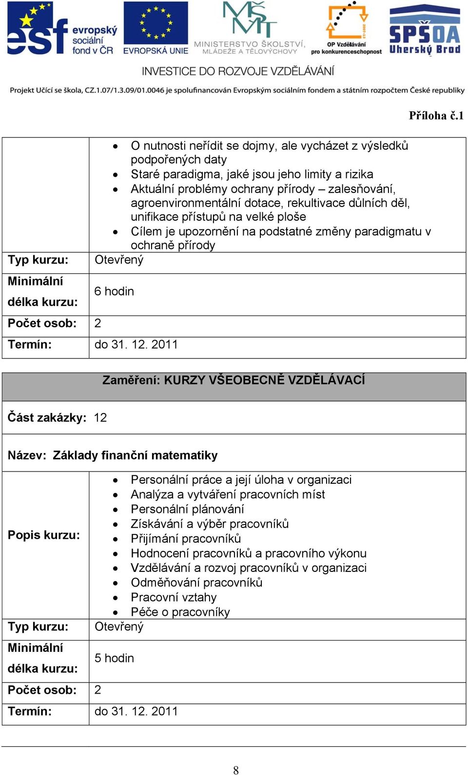 1 Zaměření: KURZY VŠEOBECNĚ VZDĚLÁVACÍ Část zakázky: 12 Název: Základy finanční matematiky Počet osob: 2 Personální práce a její úloha v organizaci Analýza a vytváření pracovních míst