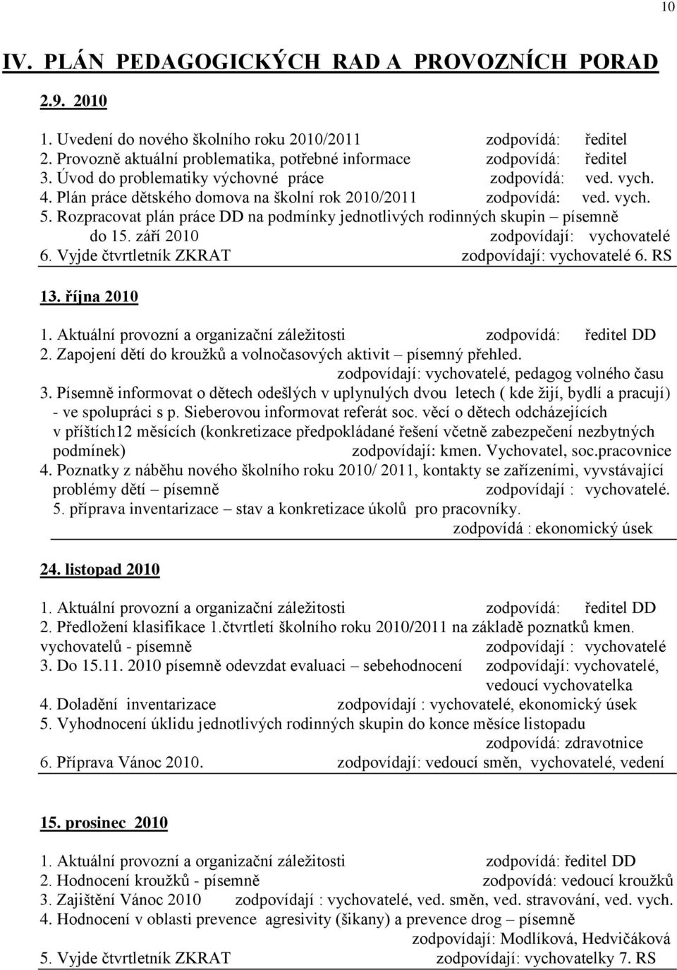 Rozpracovat plán práce DD na podmínky jednotlivých rodinných skupin písemně do 15. září 2010 zodpovídají: vychovatelé 6. Vyjde čtvrtletník ZKRAT zodpovídají: vychovatelé 6. RS 13. října 2010 1.