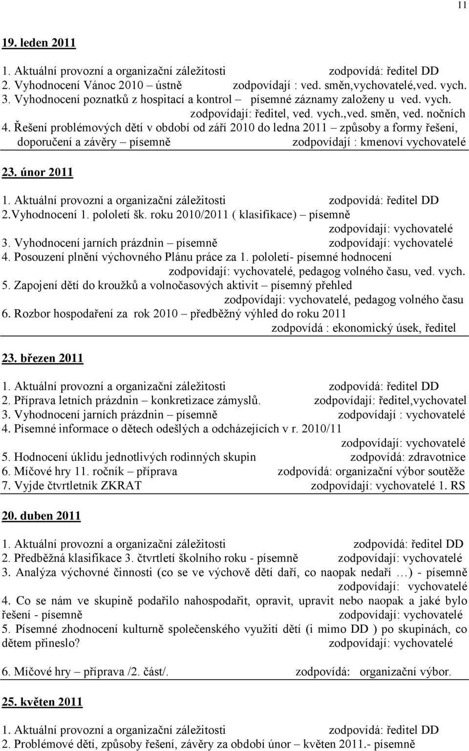 Řešení problémových dětí v období od září 2010 do ledna 2011 způsoby a formy řešení, doporučení a závěry písemně zodpovídají : kmenoví vychovatelé 23. únor 2011 1.