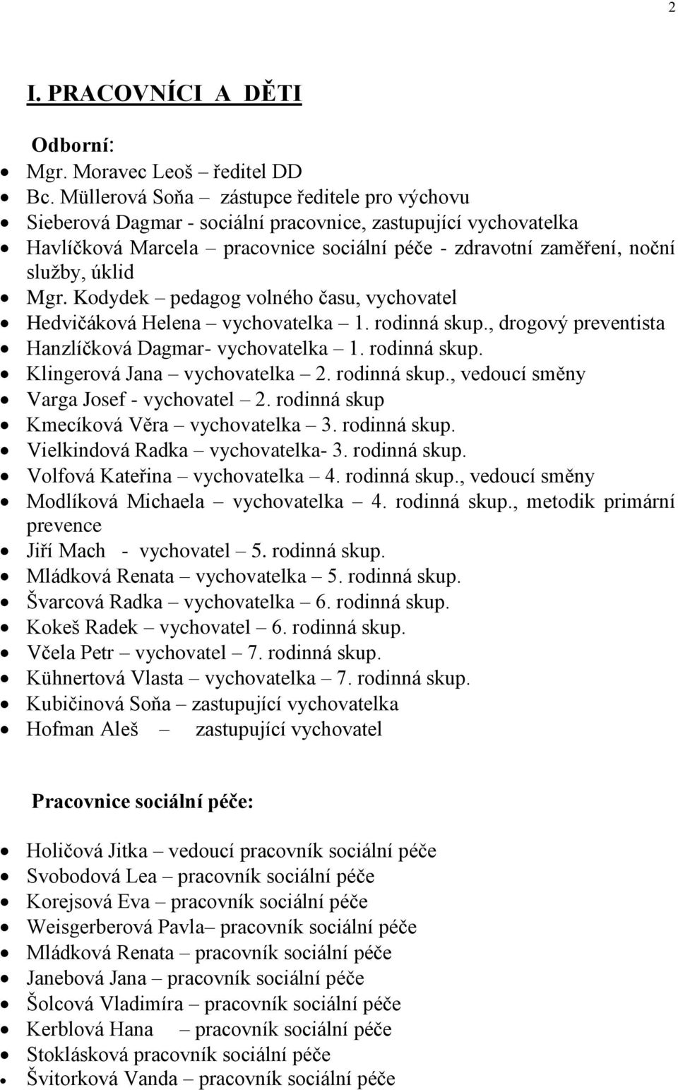 Kodydek pedagog volného času, vychovatel Hedvičáková Helena vychovatelka 1. rodinná skup., drogový preventista Hanzlíčková Dagmar- vychovatelka 1. rodinná skup. Klingerová Jana vychovatelka 2.