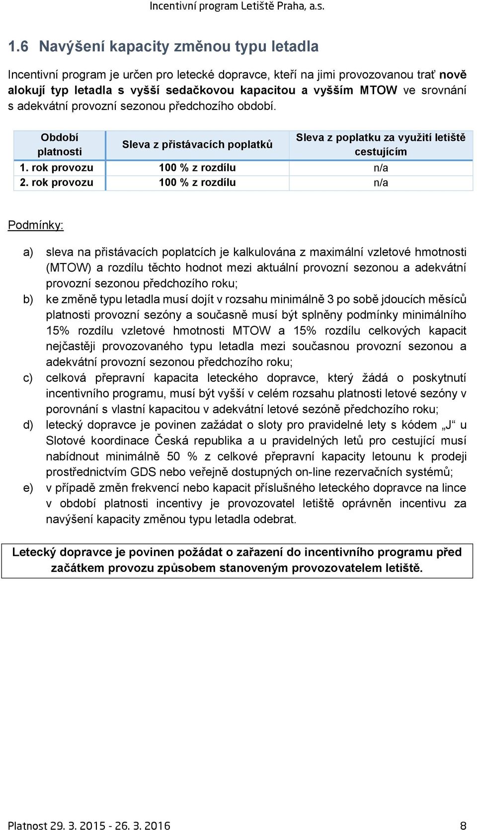 rok provozu 100 % z rozdílu n/a a) sleva na přistávacích poplatcích je kalkulována z maximální vzletové hmotnosti (MTOW) a rozdílu těchto hodnot mezi aktuální provozní sezonou a adekvátní provozní