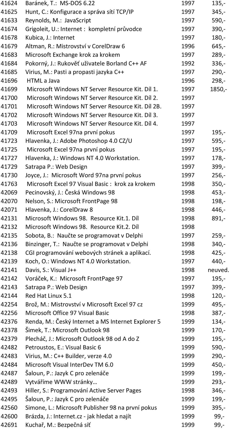 : Mistrovství v CorelDraw 6 1996 645,- 41683 Microsoft Exchange krok za krokem 1997 289,- 41684 Pokorný, J.: Rukověť uživatele Borland C++ AF 1992 336,- 41685 Virius, M.