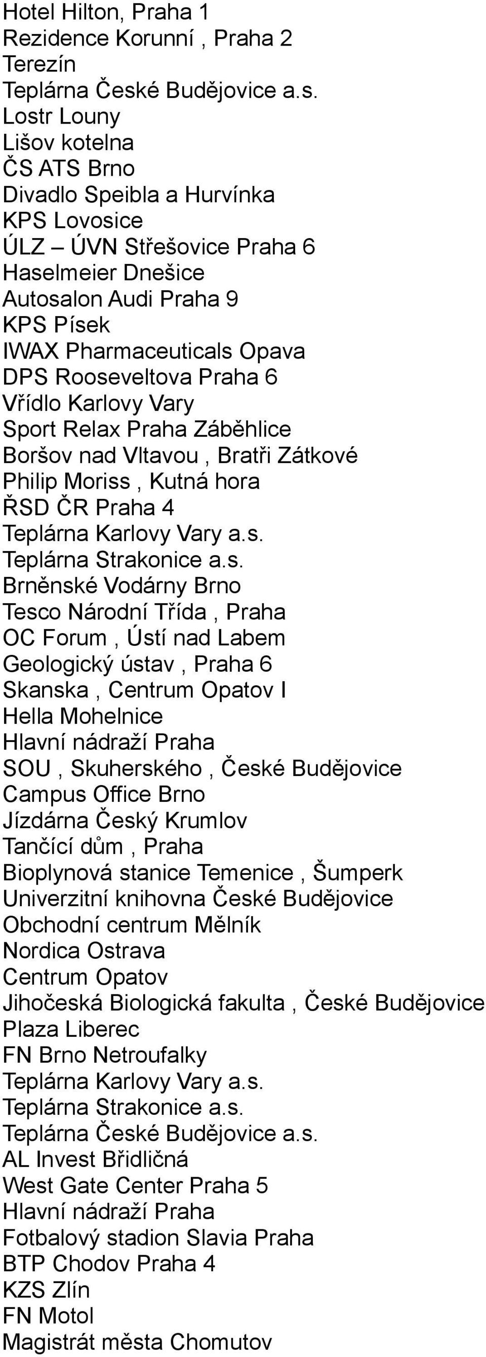 Brněnské Vodárny Brno Tesco Národní Třída, Praha OC Forum, Ústí nad Labem Geologický ústav, Praha 6 Skanska, Centrum Opatov I Hella Mohelnice Hlavní nádraží Praha SOU, Skuherského, České Budějovice