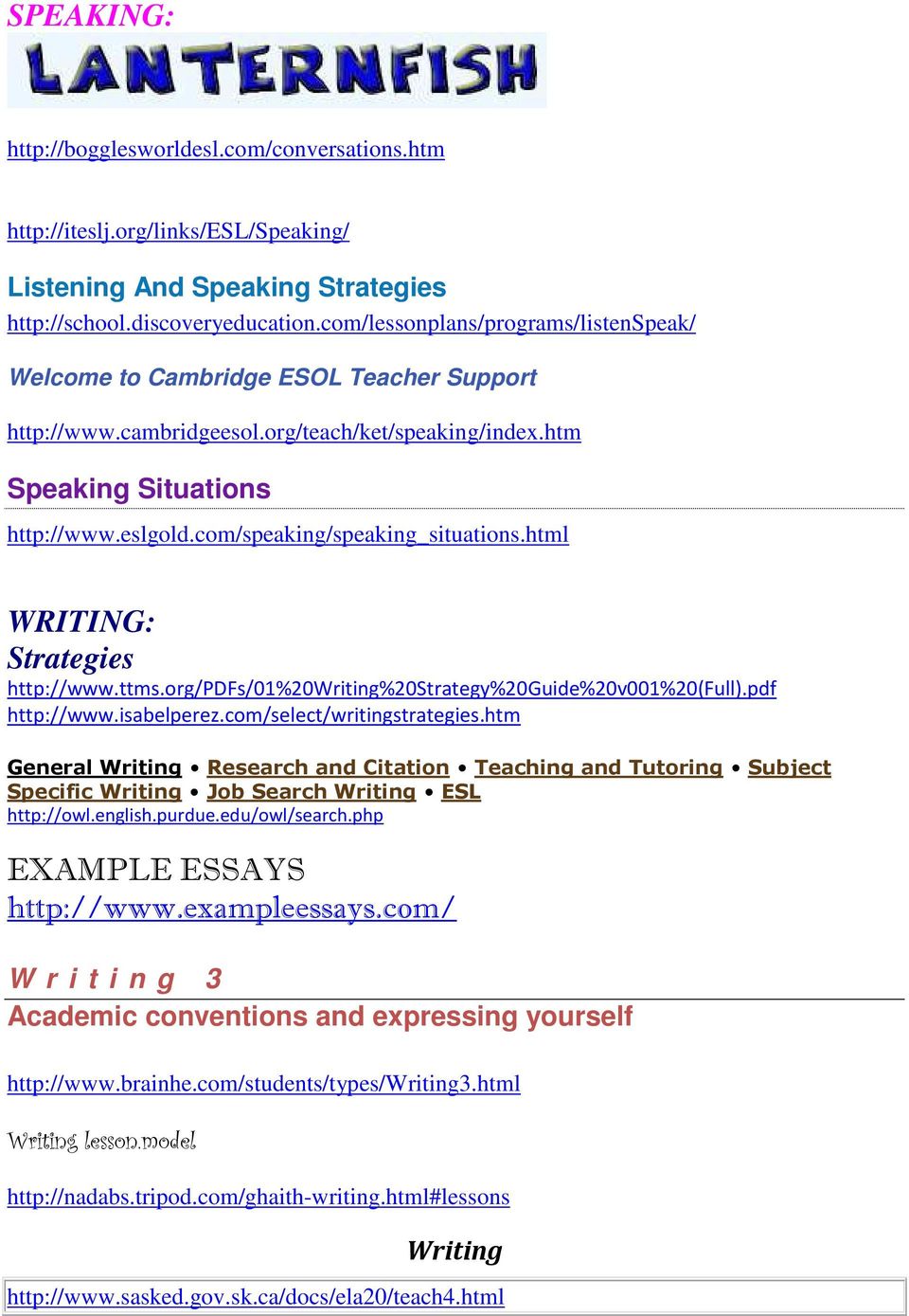 com/speaking/speaking_situations.html WRITING: Strategies http://www.ttms.org/pdfs/01%20writing%20strategy%20guide%20v001%20(full).pdf http://www.isabelperez.com/select/writingstrategies.