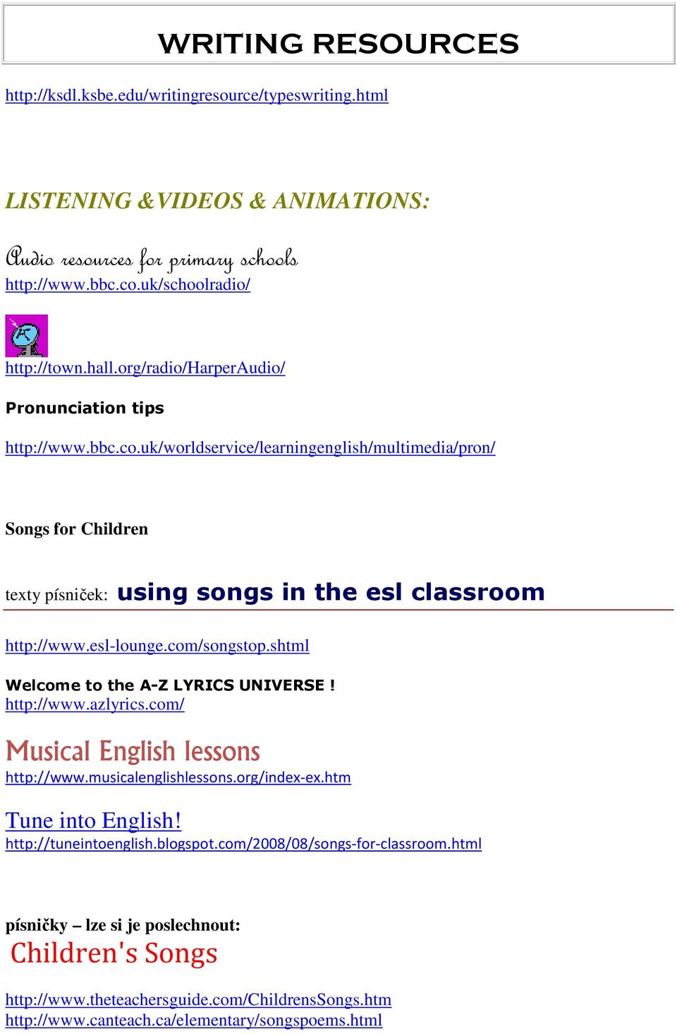 esl-lounge.com/songstop.shtml Welcome to the A-Z LYRICS UNIVERSE! http://www.azlyrics.com/ Musical English lessons http://www.musicalenglishlessons.org/index-ex.htm Tune into English!