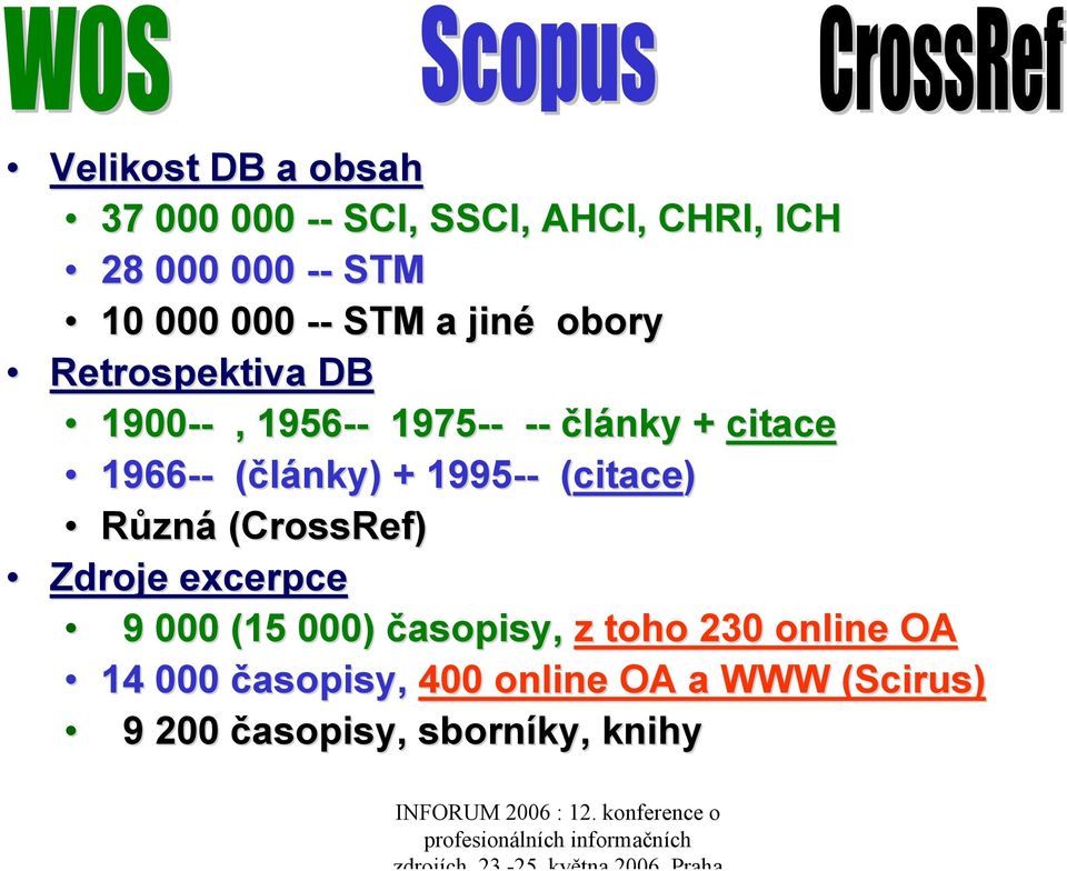 (články) + 1995-- (citace) Různá (CrossRef) Zdroje excerpce 9 000 (15 000) časopisy, z toho