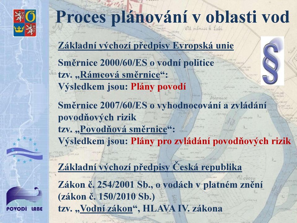 tzv. Povodňová směrnice : Výsledkem jsou: Plány pro zvládání povodňových rizik Základní výchozí předpisy Česká