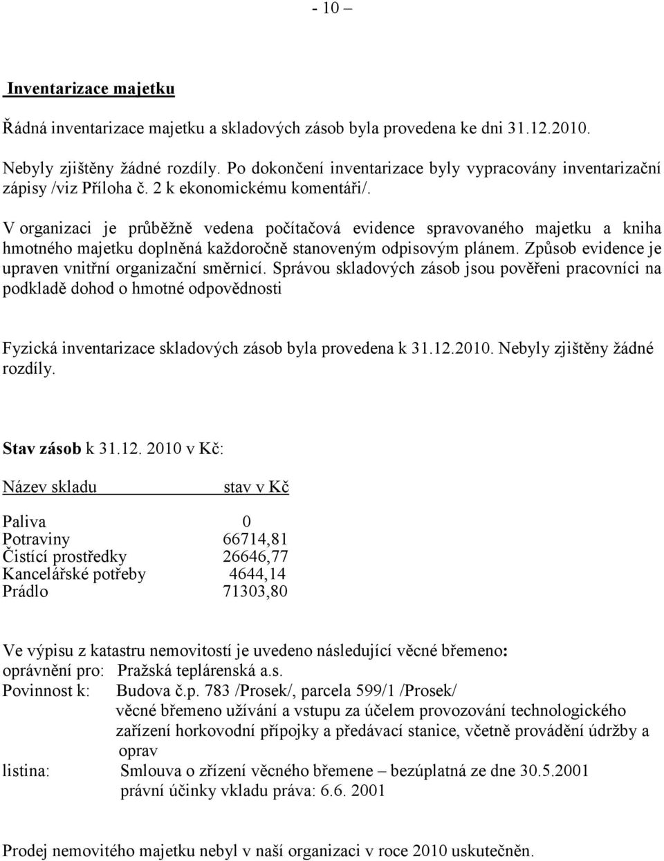 V organizaci je průběžně vedena počítačová evidence spravovaného majetku a kniha hmotného majetku doplněná každoročně stanoveným odpisovým plánem.