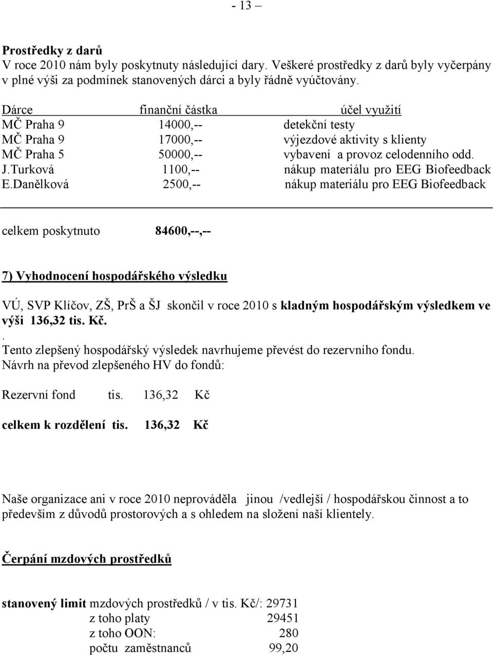 Turková 1100,-- nákup materiálu pro EEG Biofeedback E.