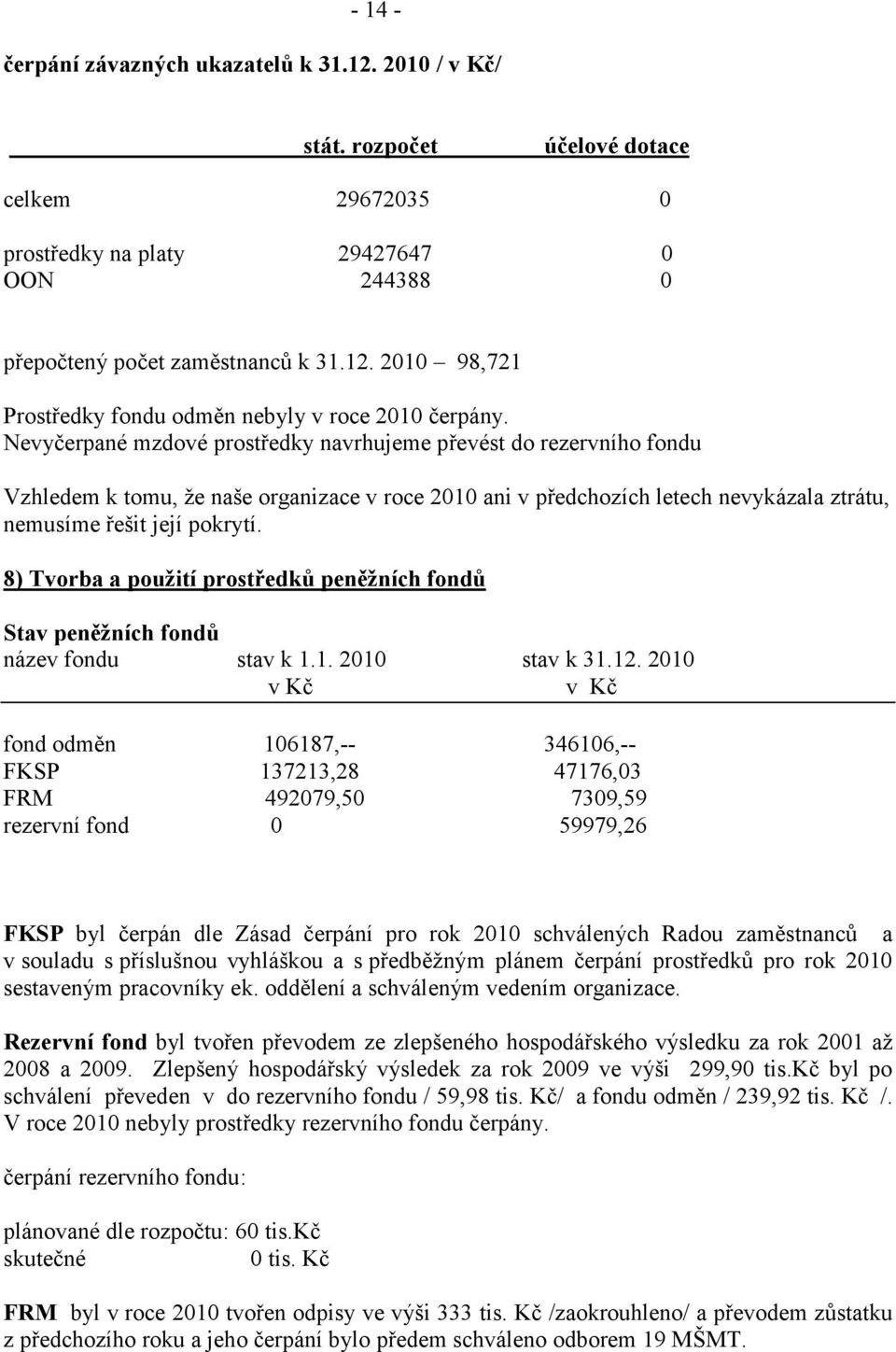 8) Tvorba a použití prostředků peněžních fondů Stav peněžních fondů název fondu stav k 1.1. 2010 stav k 31.12.