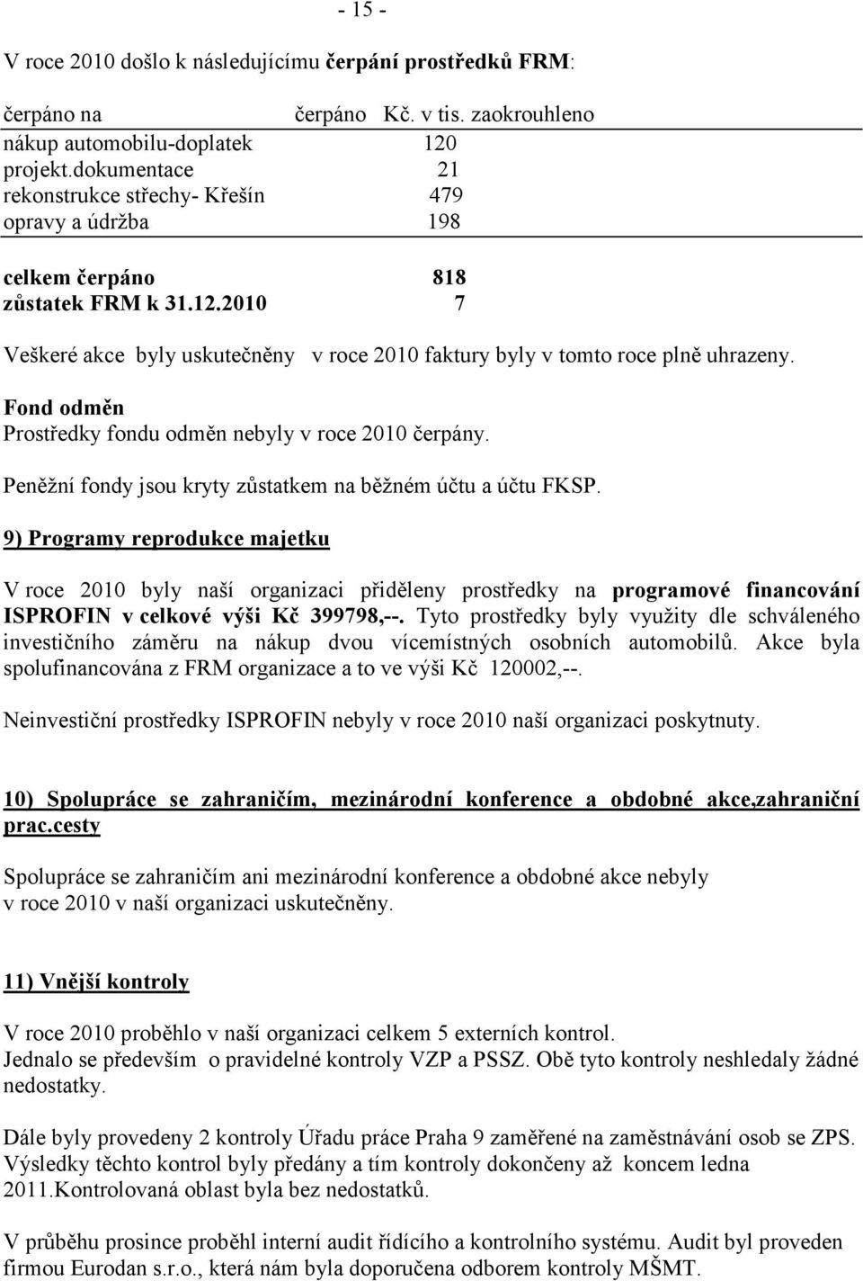 Fond odměn Prostředky fondu odměn nebyly v roce 2010 čerpány. Peněžní fondy jsou kryty zůstatkem na běžném účtu a účtu FKSP.