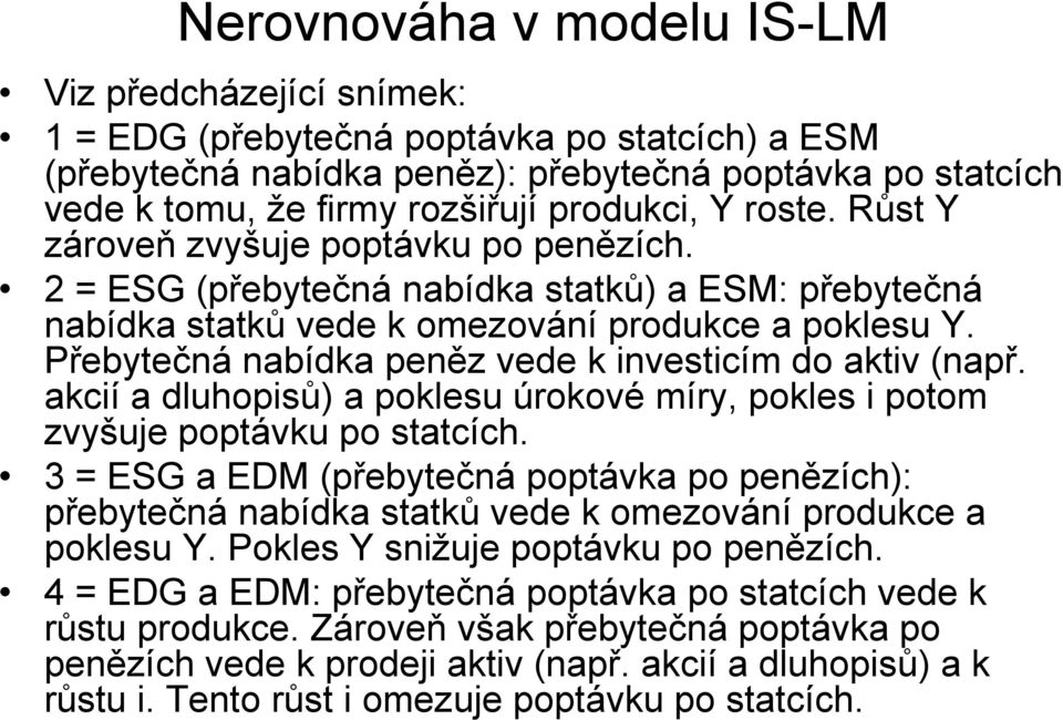 Přebytečná nabídka peněz vede k investicím do aktiv (např. akcií a dluhopisů) a poklesu úrokové míry, pokles i potom zvyšuje poptávku po statcích.