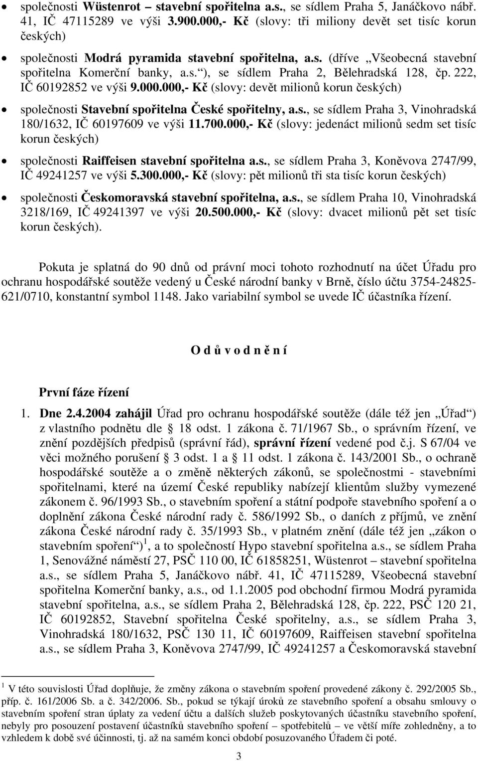 222, IČ 60192852 ve výši 9.000.000,- Kč (slovy: devět milionů korun českých) společnosti Stavební spořitelna České spořitelny, a.s., se sídlem Praha 3, Vinohradská 180/1632, IČ 60197609 ve výši 11.