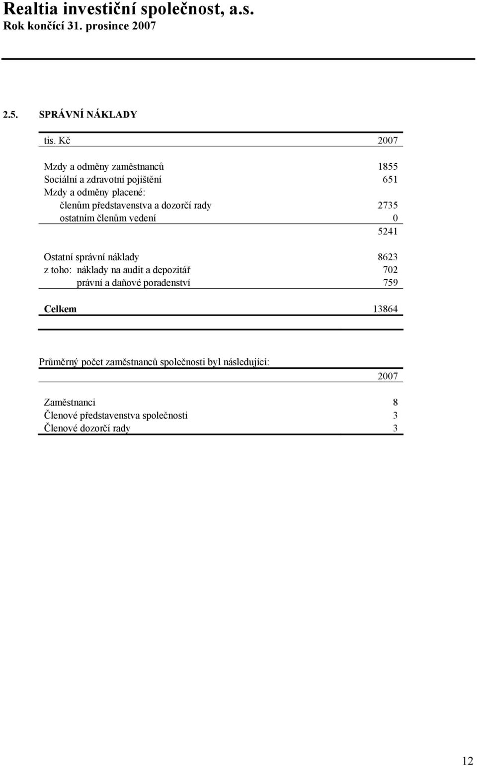 dozorčí rady 2735 ostatním členům vedení 0 5241 Ostatní správní náklady 8623 z toho: náklady na audit a depozitář 702