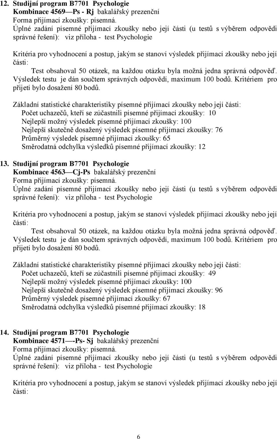 Studijní program B7701 Psychologie Kombinace 4563 Cj-Ps bakalářský prezenční Počet uchazečů, kteří se zúčastnili písemné přijímací zkoušky: 49 Nejlepší skutečně dosažený výsledek