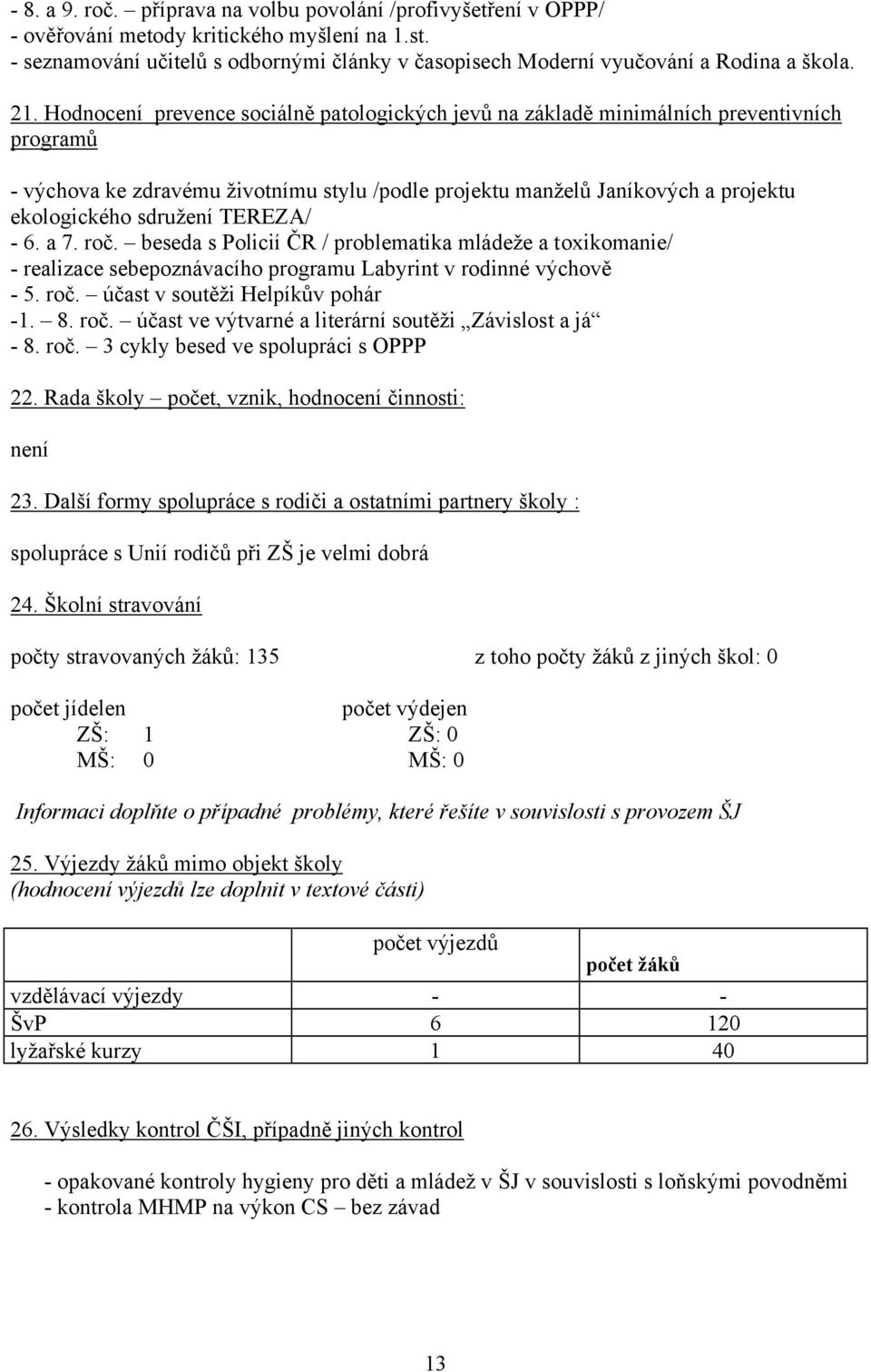 Hodnocení prevence sociálně patologických jevů na základě minimálních preventivních programů - výchova ke zdravému životnímu stylu /podle projektu manželů Janíkových a projektu ekologického sdružení