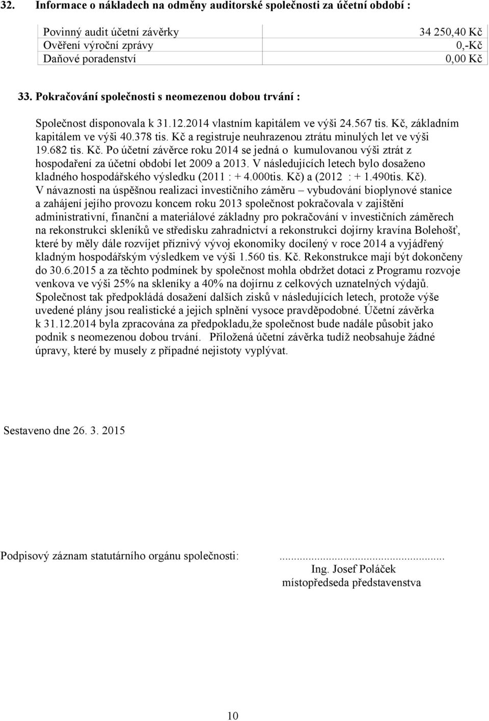 Kč a registruje neuhrazenou ztrátu minulých let ve výši 19.682 tis. Kč. Po účetní závěrce roku 2014 se jedná o kumulovanou výši ztrát z hospodaření za účetní období let 2009 a 2013.