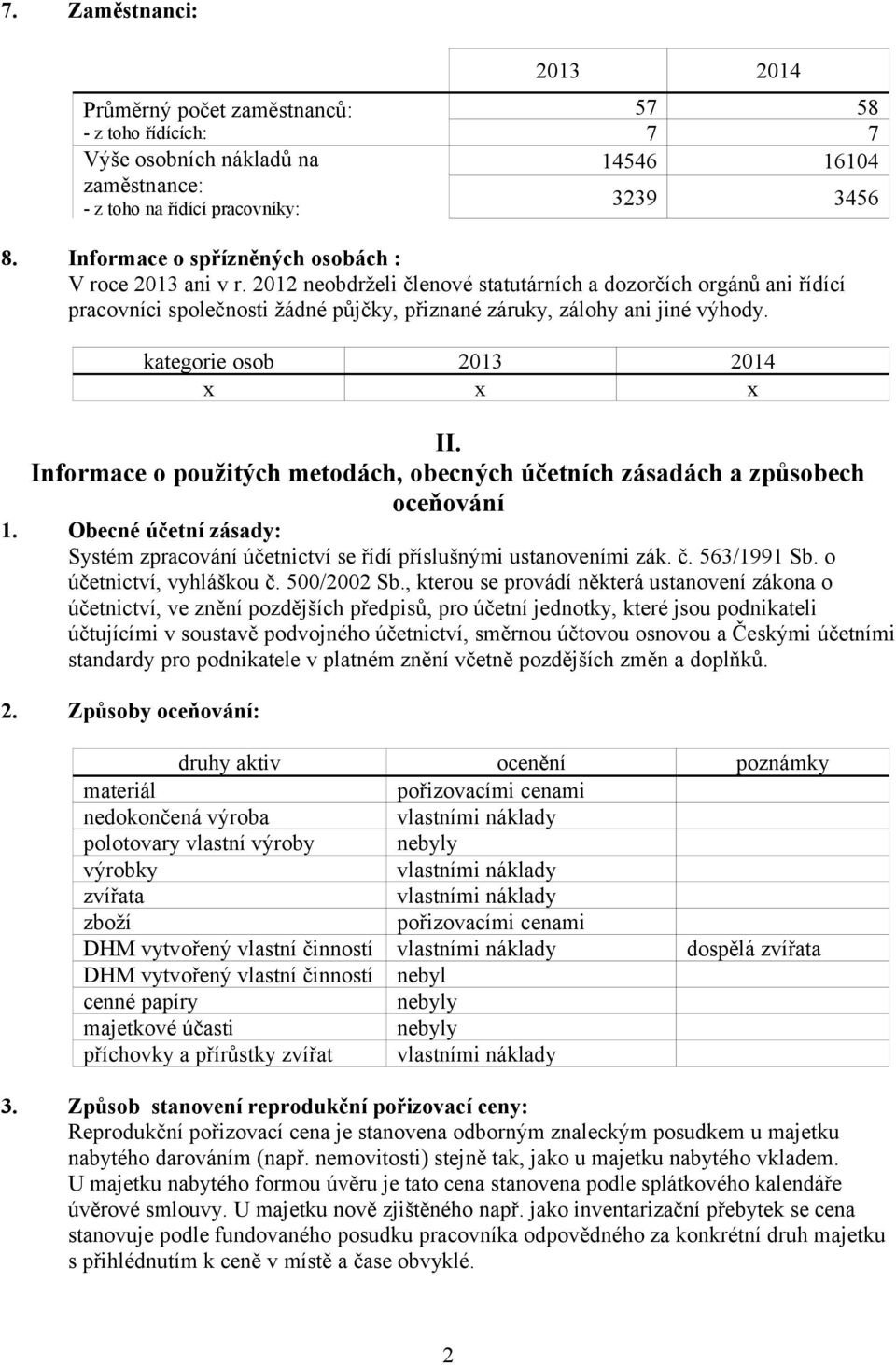 kategorie osob x x x II. Informace o použitých metodách, obecných účetních zásadách a způsobech oceňování 1. Obecné účetní zásady: Systém zpracování účetnictví se řídí příslušnými ustanoveními zák. č.