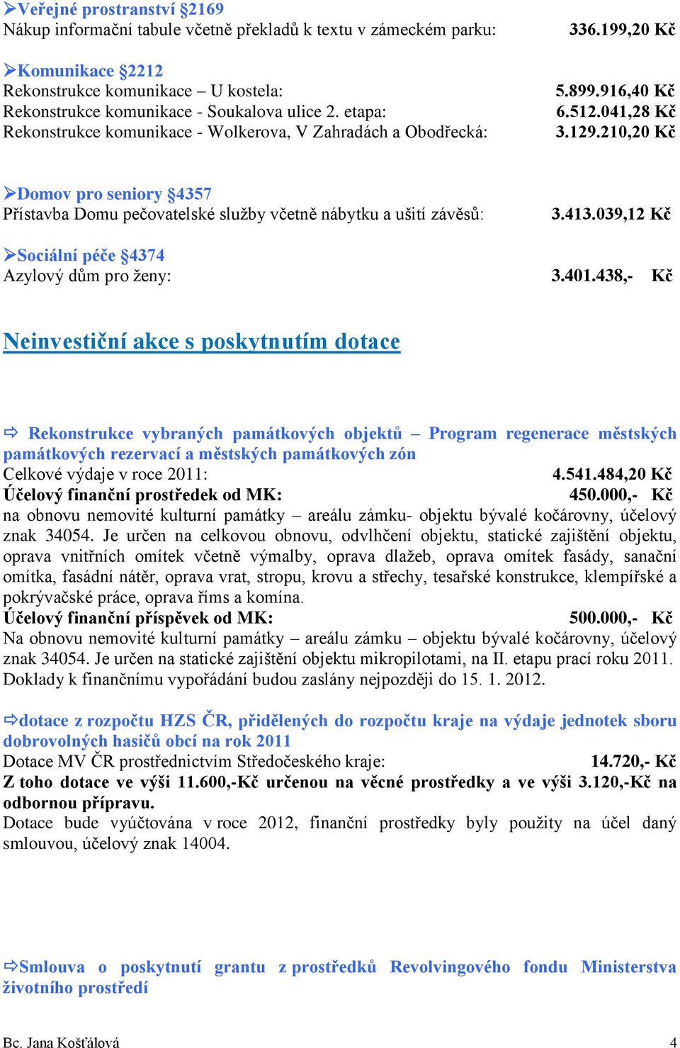 210,20 Kč Domov pro seniory 4357 Přístavba Domu pečovatelské služby včetně nábytku a ušití závěsů: Sociální péče 4374 Azylový dům pro ženy: 3.413.039,12 Kč 3.401.