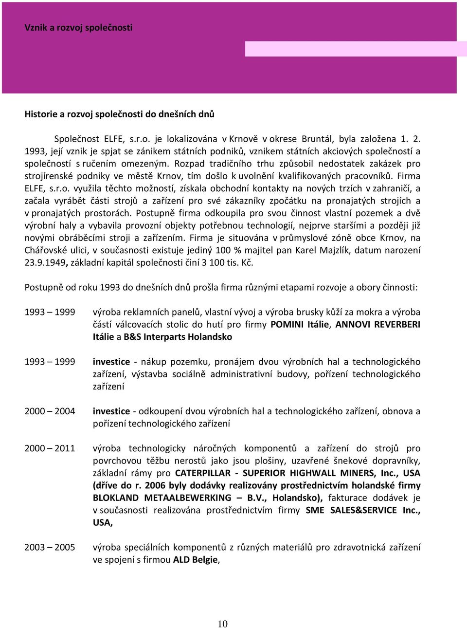 Rozpad tradičního trhu způsobil nedostatek zakázek pro strojírenské podniky ve městě Krnov, tím došlo k uvolnění kvalifikovaných pracovníků. Firma ELFE, s.r.o. využila těchto možností, získala