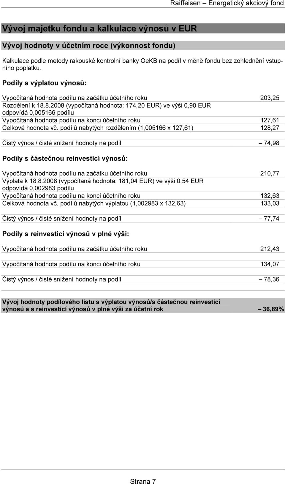 8.2008 (vypočítaná hodnota: 174,20 EUR) ve výši 0,90 EUR odpovídá 0,005166 podílu Vypočítaná hodnota podílu na konci účetního roku 127,61 Celková hodnota vč.