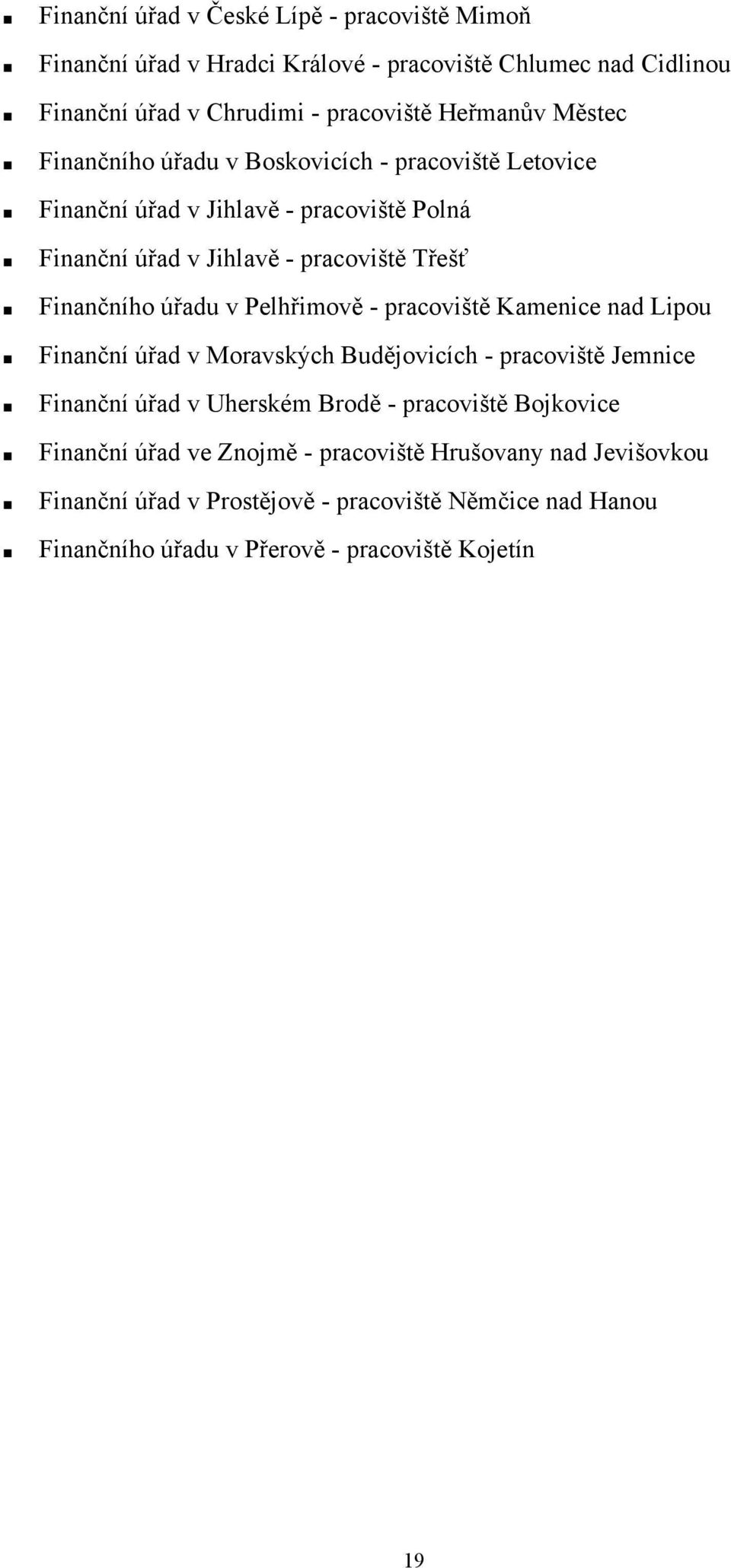 v Pelhřimově - pracoviště Kamenice nad Lipou Finanční úřad v Moravských Budějovicích - pracoviště Jemnice Finanční úřad v Uherském Brodě - pracoviště Bojkovice