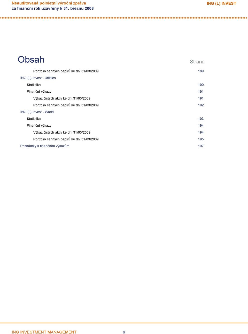 papírů ke dni 31/03/2009 192 ING (L) Invest World Statistika 193 Finanční výkazy 194 Výkaz čistých aktiv ke dni