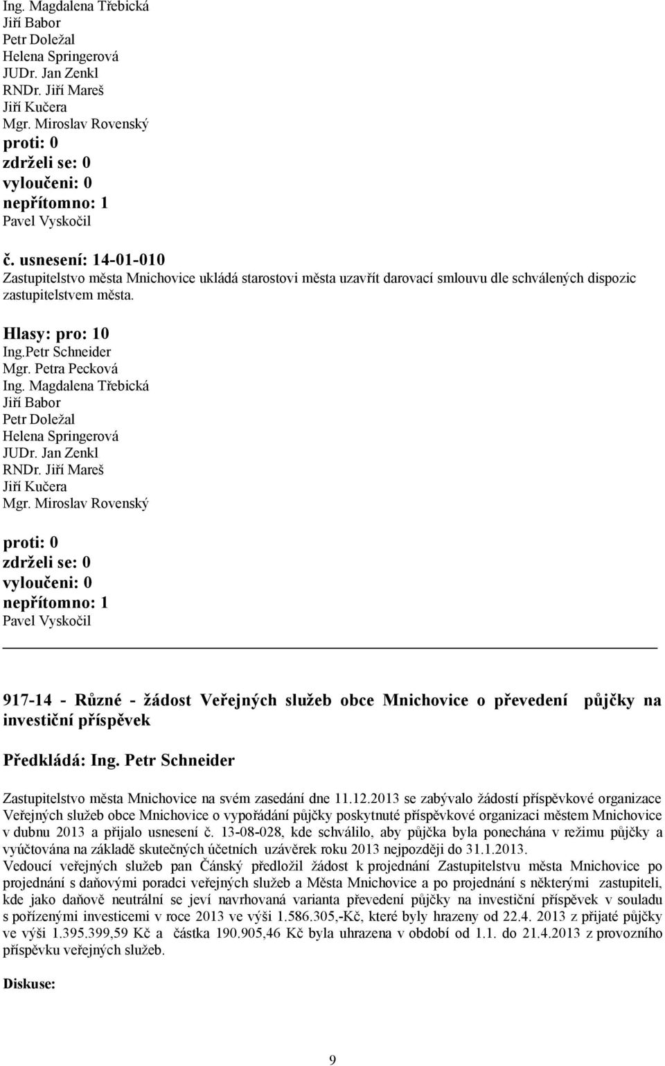 2013 se zabývalo žádostí příspěvkové organizace Veřejných služeb obce Mnichovice o vypořádání půjčky poskytnuté příspěvkové organizaci městem Mnichovice v dubnu 2013 a přijalo usnesení č.