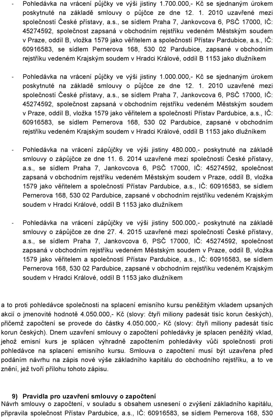 sjednaným úrokem poskytnuté na základě smlouvy o půjčce ze dne 12. 1. 2010 uzavřené mezi společností České přístavy, a.s., se sídlem Praha 7, Jankovcova 6, PSČ 17000, IČ: 45274592, společnost zapsaná