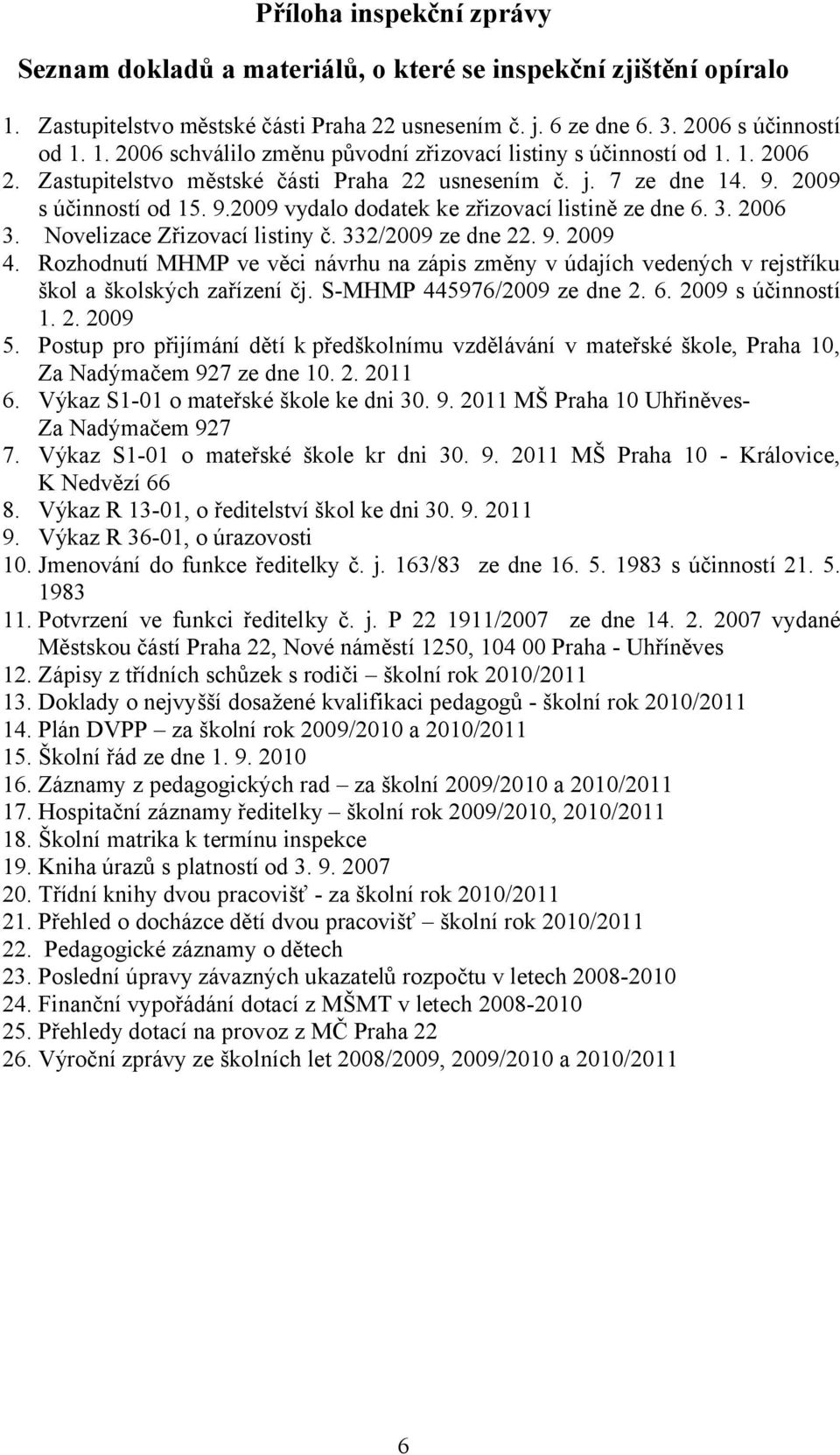 332/2009 ze dne 22. 9. 2009 4. Rozhodnutí MHMP ve věci návrhu na zápis změny v údajích vedených v rejstříku škol a školských zařízení čj. S-MHMP 445976/2009 ze dne 2. 6. 2009 s účinností 1. 2. 2009 5.