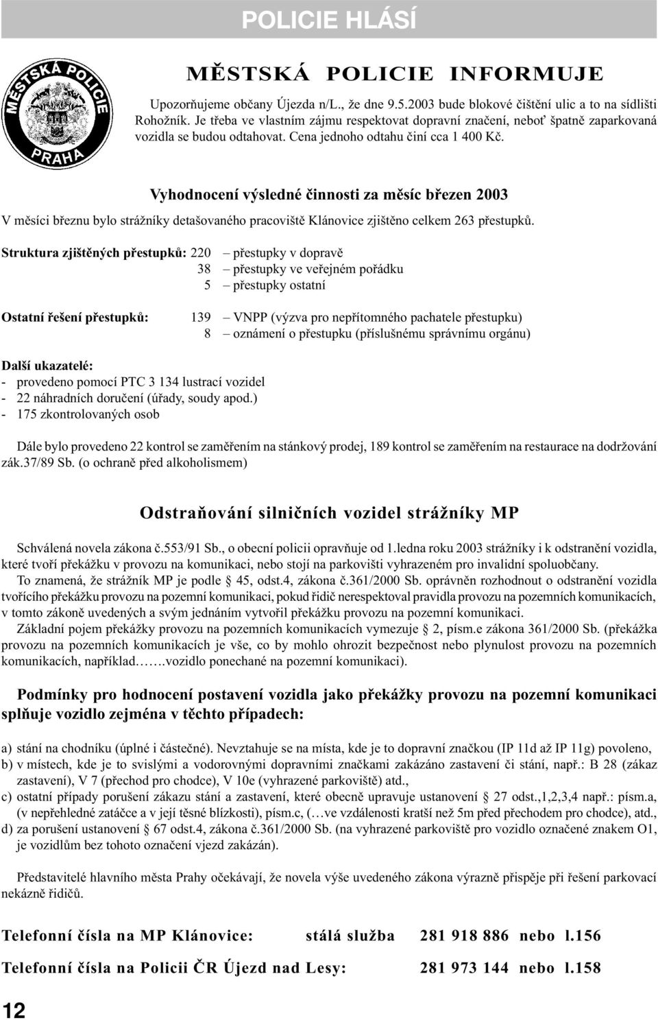 Vyhodnocení výsledné èinnosti za mìsíc bøezen 2003 V mìsíci bøeznu bylo strážníky detašovaného pracovištì Klánovice zjištìno celkem 263 pøestupkù.