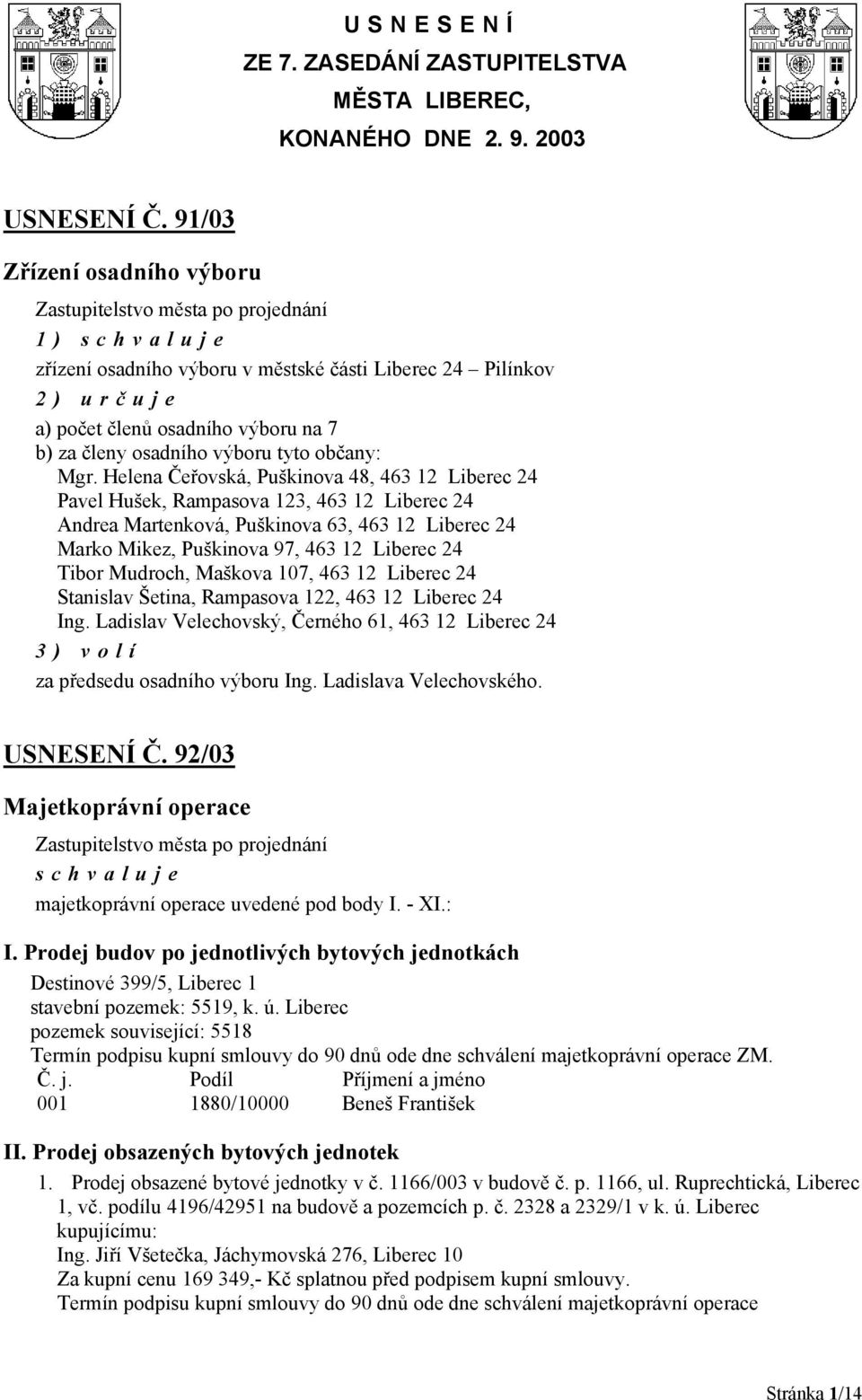 Helena Čeřovská, Puškinova 48, 463 12 Liberec 24 Pavel Hušek, Rampasova 123, 463 12 Liberec 24 Andrea Martenková, Puškinova 63, 463 12 Liberec 24 Marko Mikez, Puškinova 97, 463 12 Liberec 24 Tibor