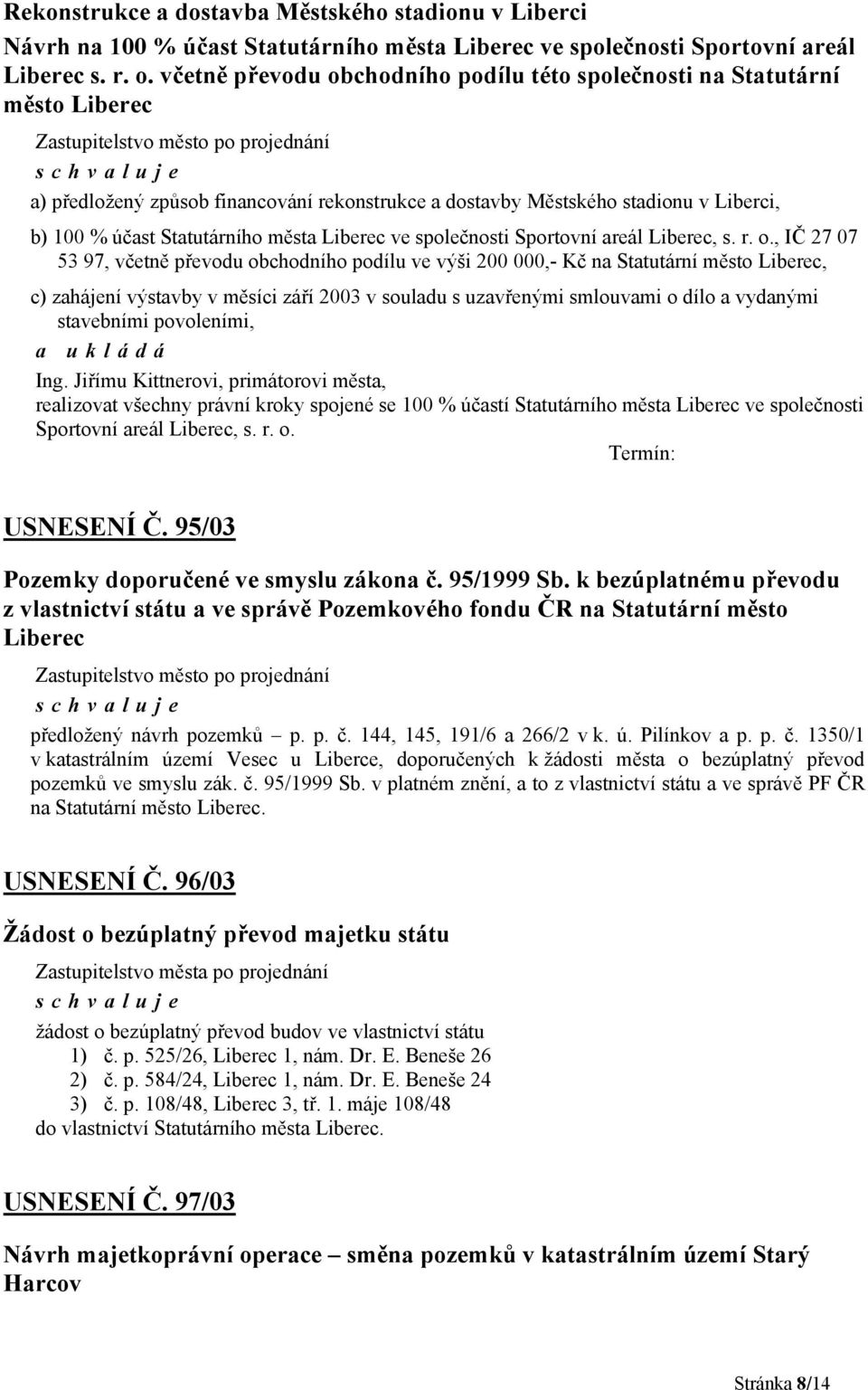 Liberec ve společnosti Sportovní areál Liberec, s. r. o.