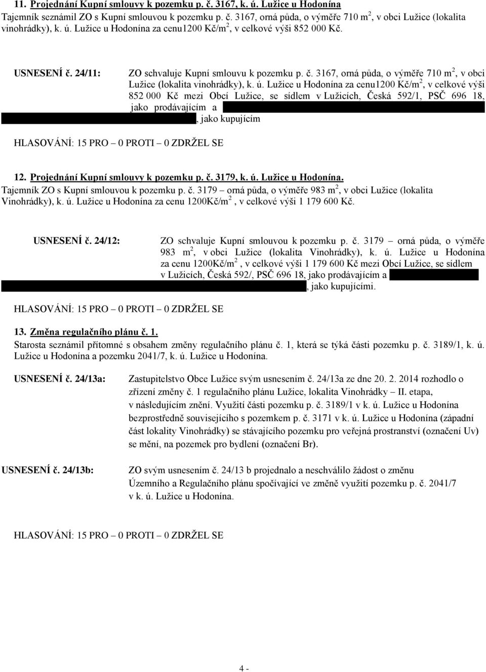 ú. Lužice u Hodonína za cenu1200 Kč/m 2, v celkové výši 852 000 Kč mezi Obcí Lužice, se sídlem v Lužicích, Česká 592/1, PSČ 696 18, jako prodávajícím a Miroslavem Kramárem r. č.