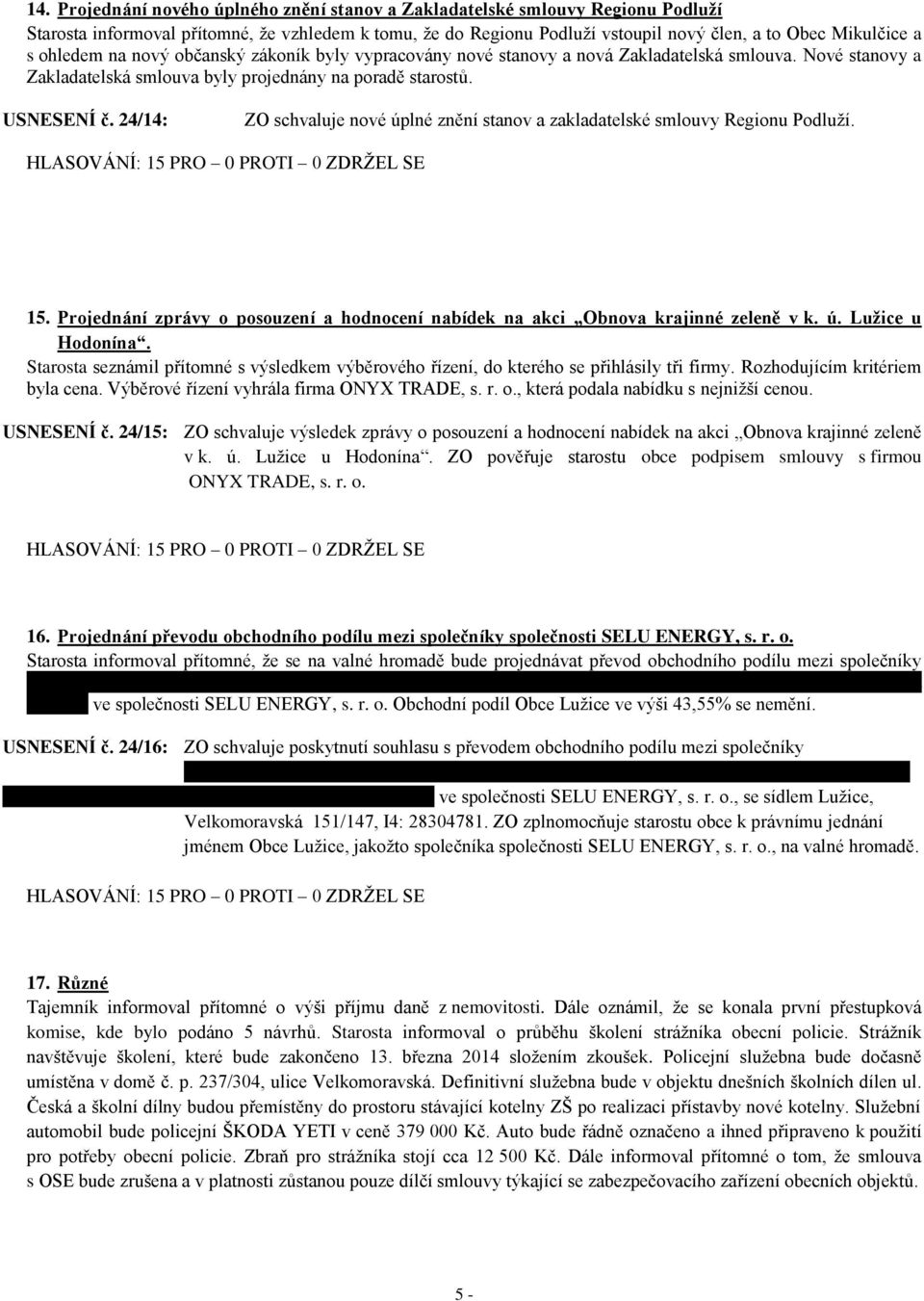 24/14: ZO schvaluje nové úplné znění stanov a zakladatelské smlouvy Regionu Podluží. 15. Projednání zprávy o posouzení a hodnocení nabídek na akci Obnova krajinné zeleně v k. ú. Lužice u Hodonína.