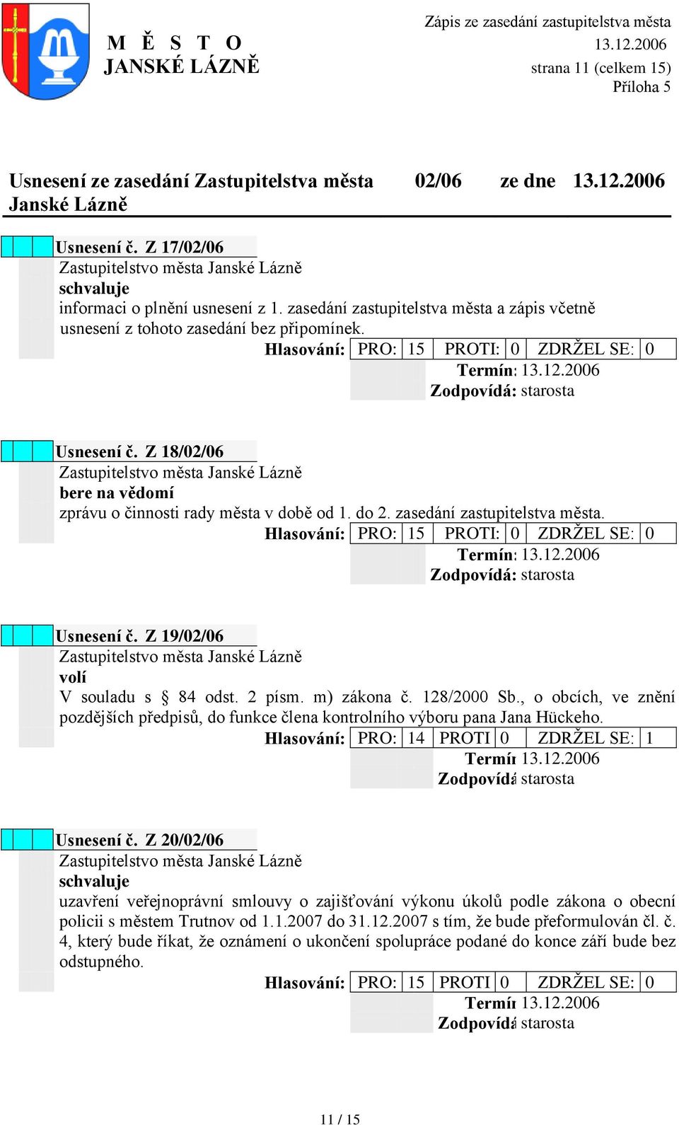 Z 18/02/06 bere na vědomí zprávu o činnosti rady města v době od 1. do 2. zasedání zastupitelstva města. Hlasování: PRO: 15 PROTI: 0 ZDRŢEL SE: 0 Termín: 13.12.2006 Usnesení č.