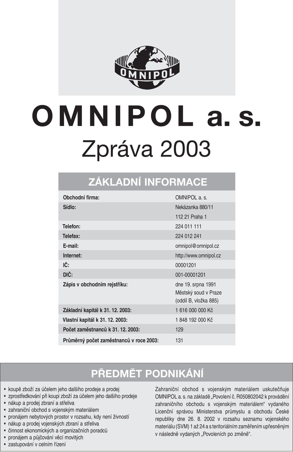 2003: 1 616 000 000 Kč Vlastní kapitál k 31. 12.