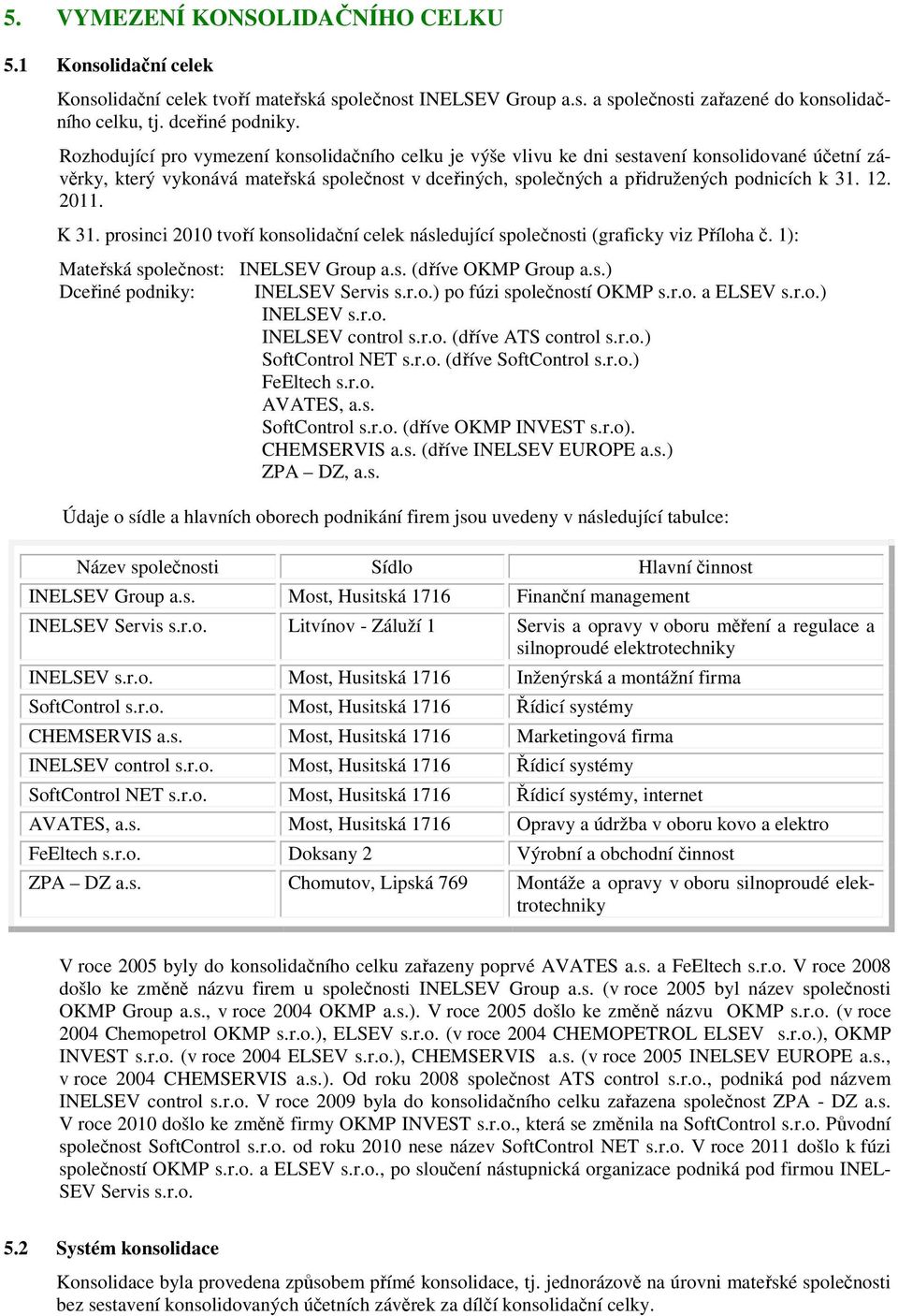 2011. K 31. prosinci 2010 tvoří konsolidační celek následující společnosti (graficky viz Příloha č. 1): Mateřská společnost: INELSEV Group a.s. (dříve OKMP Group a.s.) Dceřiné podniky: INELSEV Servis s.