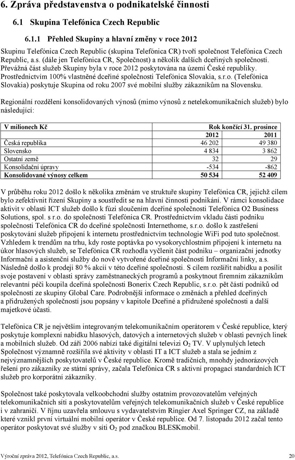 Převážná část služeb Skupiny byla v roce 2012 poskytována na území České republiky. Prostřednictvím 100% vlastněné dceřiné společnosti Telefónica Slovakia, s.r.o. (Telefónica Slovakia) poskytuje Skupina od roku 2007 své mobilní služby zákazníkům na Slovensku.