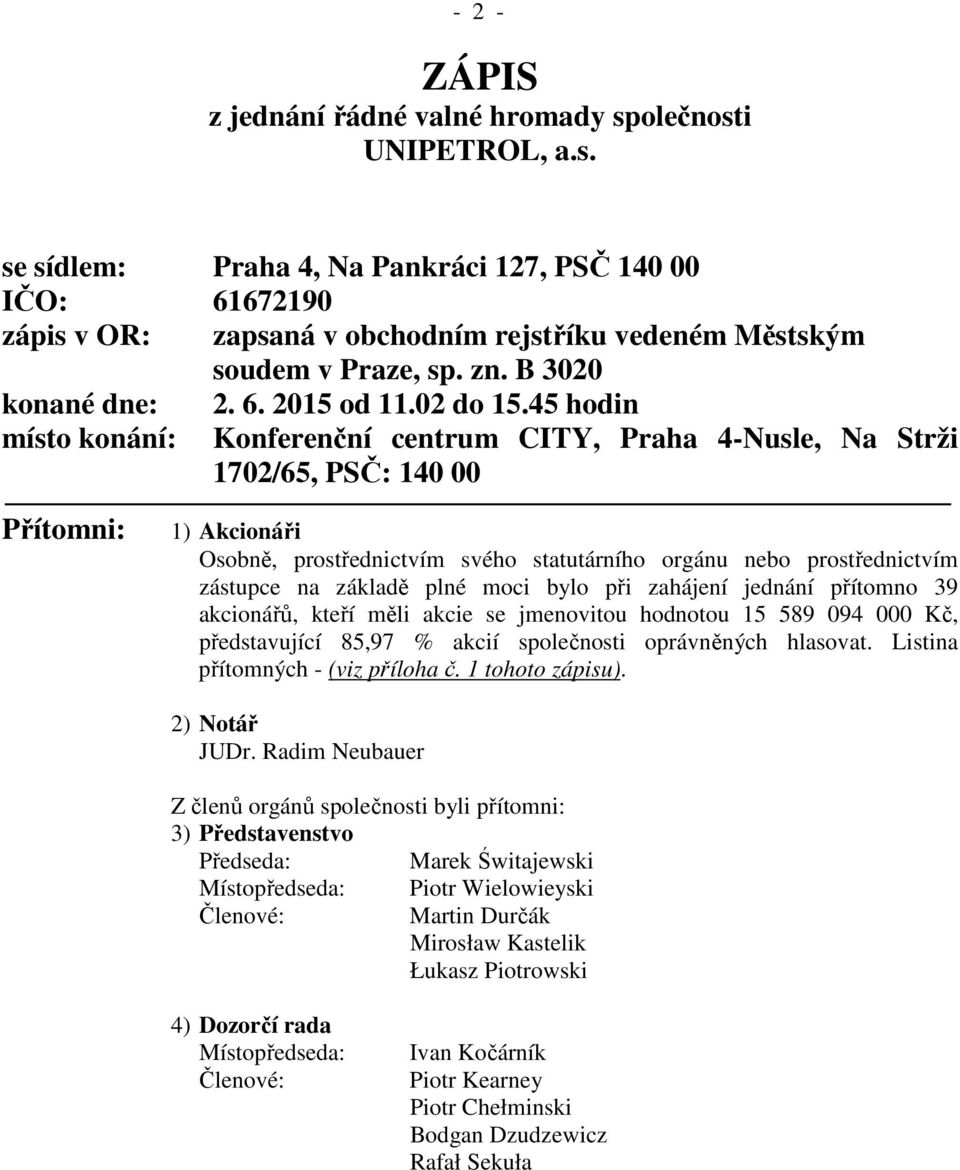 45 hodin místo konání: Konferenční centrum CITY, Praha 4-Nusle, Na Strži 1702/65, PSČ: 140 00 Přítomni: 1) Akcionáři Osobně, prostřednictvím svého statutárního orgánu nebo prostřednictvím zástupce na