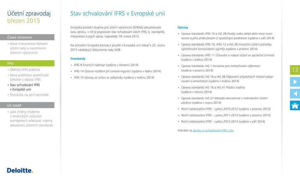 Úpravy Úprava standardů 10 a IAS 28 Prodej nebo vklad aktiv mezi investorem a jeho přidruženým či společným podnikem (vydáno v září 2014) Okénko praktika Deloitte z oblasti Na schválení Evropské