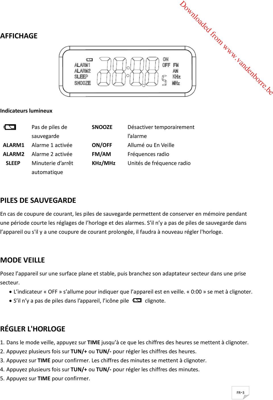 En Veille Fréquences radio Unités fréquence radio PILES DE SAUVEGARDE En cas coupure courant, les piles sauvegar permettent conserver en mémoire pendant une pério courte les réglages l horloge et s