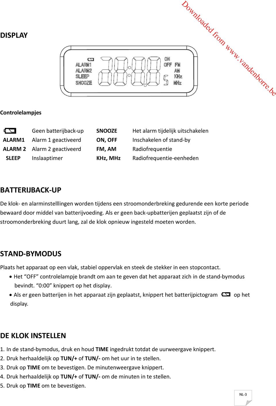 Radiofrequentie Radiofrequentie-eenhen BATTERIJBACK-UP De klok- en alarminstelllingen orn tijns een stroomonrbreking geduren een korte perio beaard door midl van batterijvoeding.